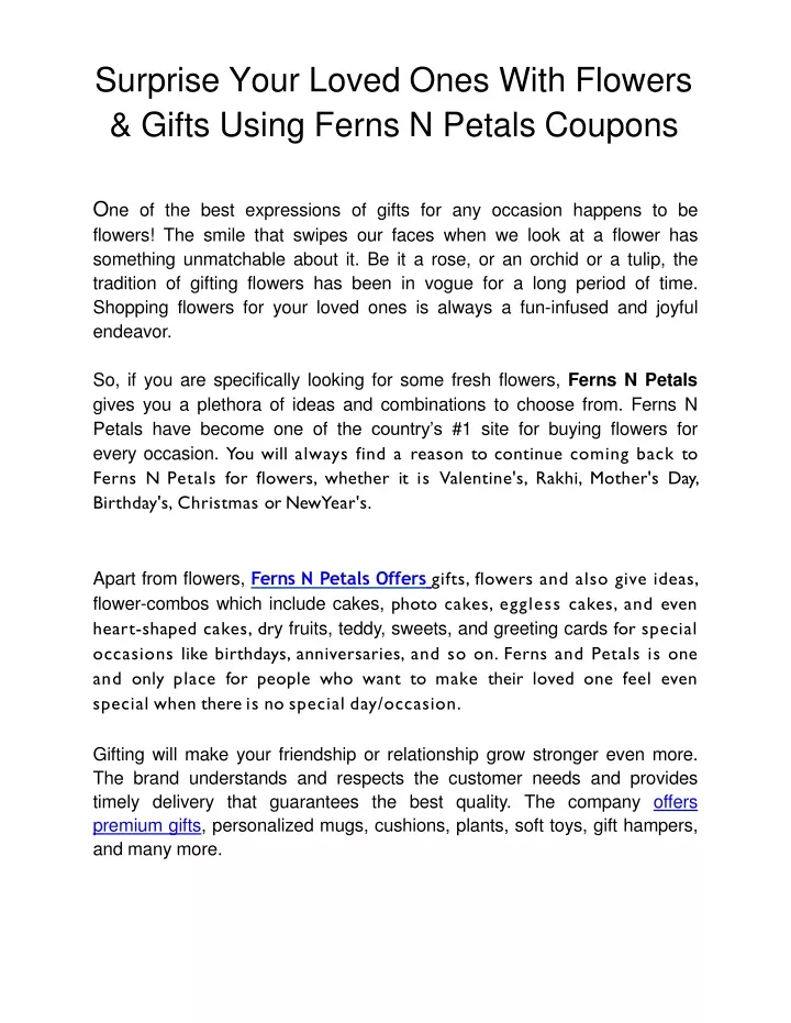 surprise your loved ones with flowers gifts using ferns n petals coupons