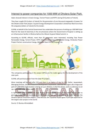 Interest to power companies for 1000 MW of Dholera Solar Park
