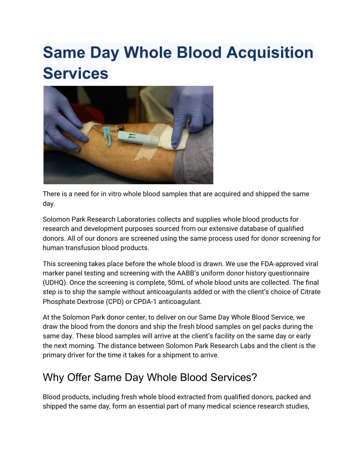 same day whole blood acquisition services