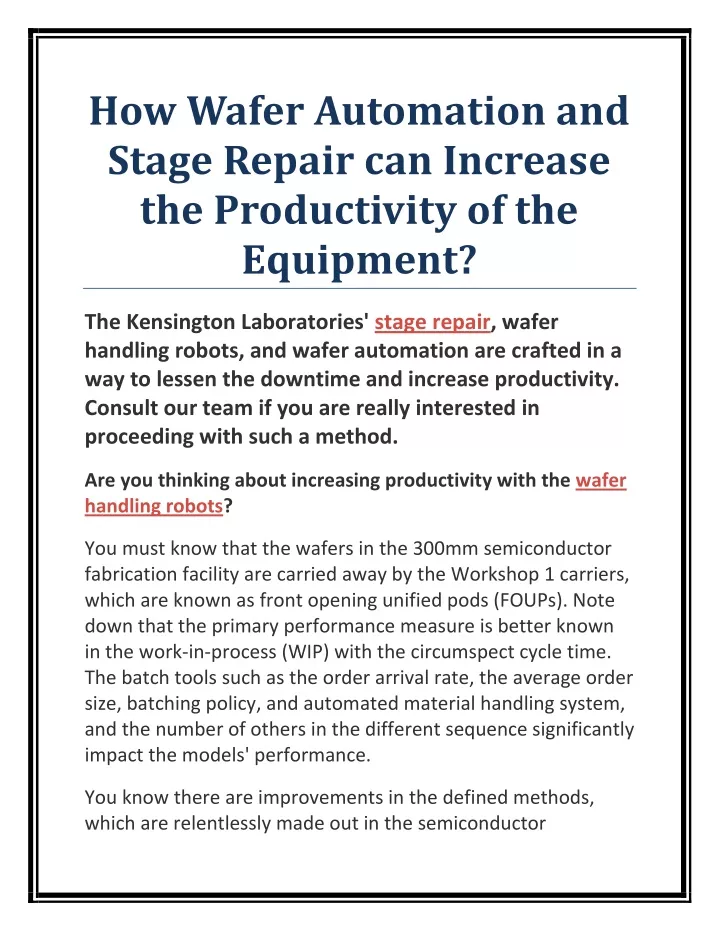 how wafer automation and stage repair