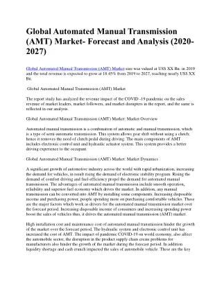 Global Automated Manual Transmission (AMT) Market- Forecast and Analysis (2020-2027)