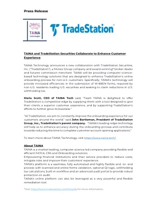 Taina Tradestation Press Release