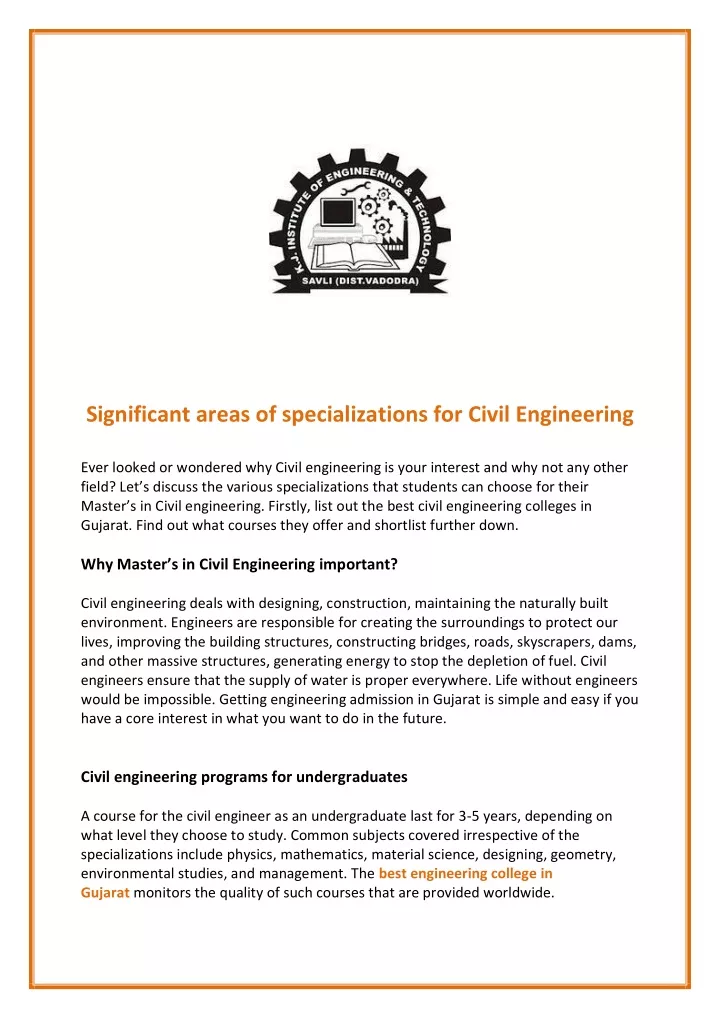 significant areas of specializations for civil