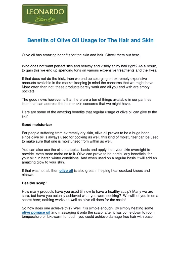 benefits of olive oil usage for the hair and skin
