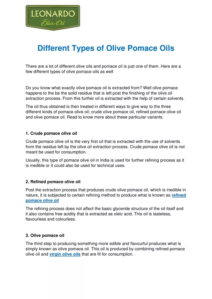 different types of olive pomace oils