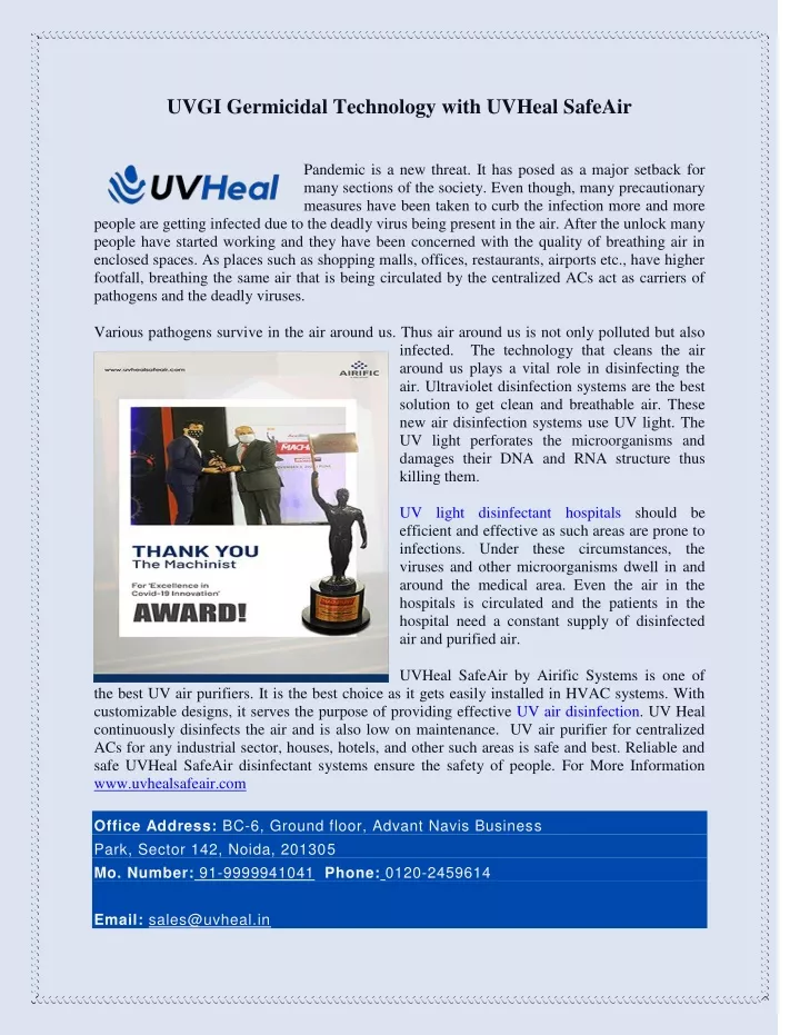 uvgi germicidal technology with uvheal safeair