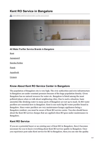 Get Best Kent  RO Service Centre Bangalore
