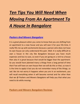 Ten Tips You Will Need When Moving From An Apartment To A House In Bangalore