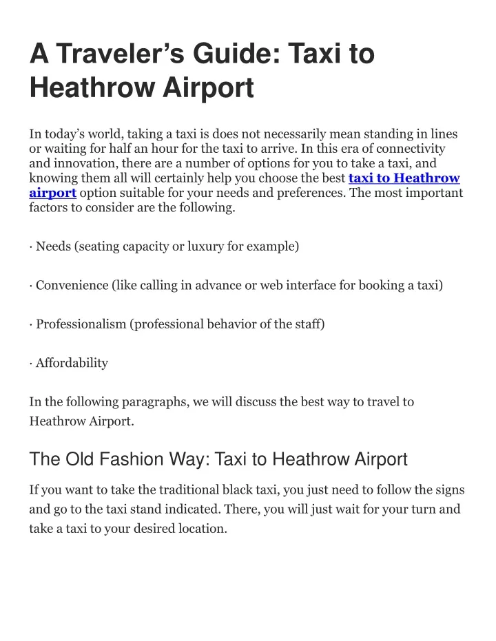 a traveler s guide taxi to heathrow airport