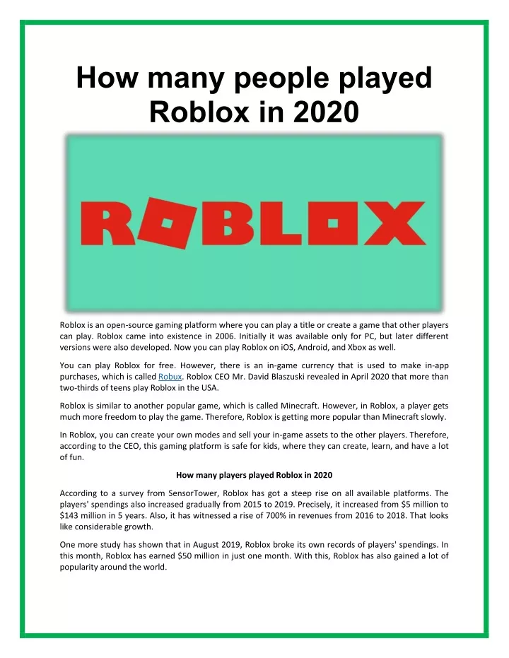 how many people played roblox in 2020