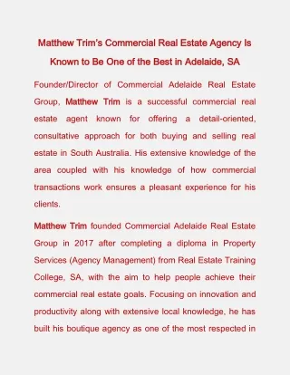Matthew Trim's Commercial Real Estate Agency Is Known to Be One of the Best in Adelaide, SA