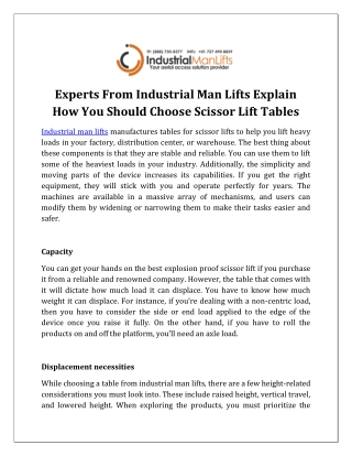 Experts From Industrial Man Lifts Explain How You Should Choose Scissor Lift Tables