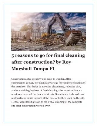 5 reasons to go for final cleaning after construction? by Roy Marshall Tampa Fl