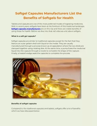 Softgel Capsules Manufacturers List the Benefits of Softgels for Health