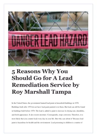 5 Reasons Why You Should Go for A Lead Remediation Service by Roy Marshall Tampa