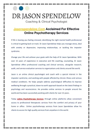Jasonspendelow.Com Acclaimed For Effective Online Psychotherapy Services