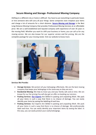 Secure Moving and Storage- The Best Professional Moving Company