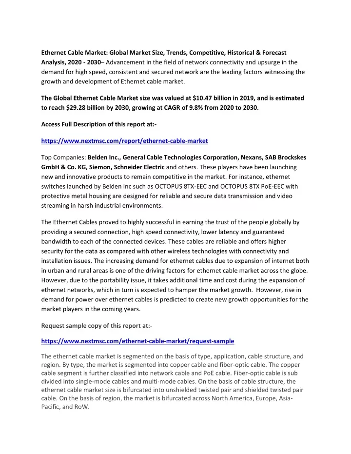 ethernet cable market global market size trends