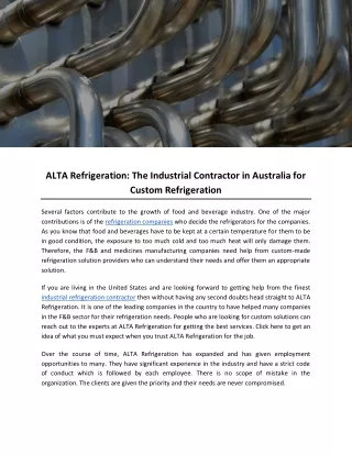 ALTA Refrigeration- The Industrial Contractor in Australia for Custom Refrigeration