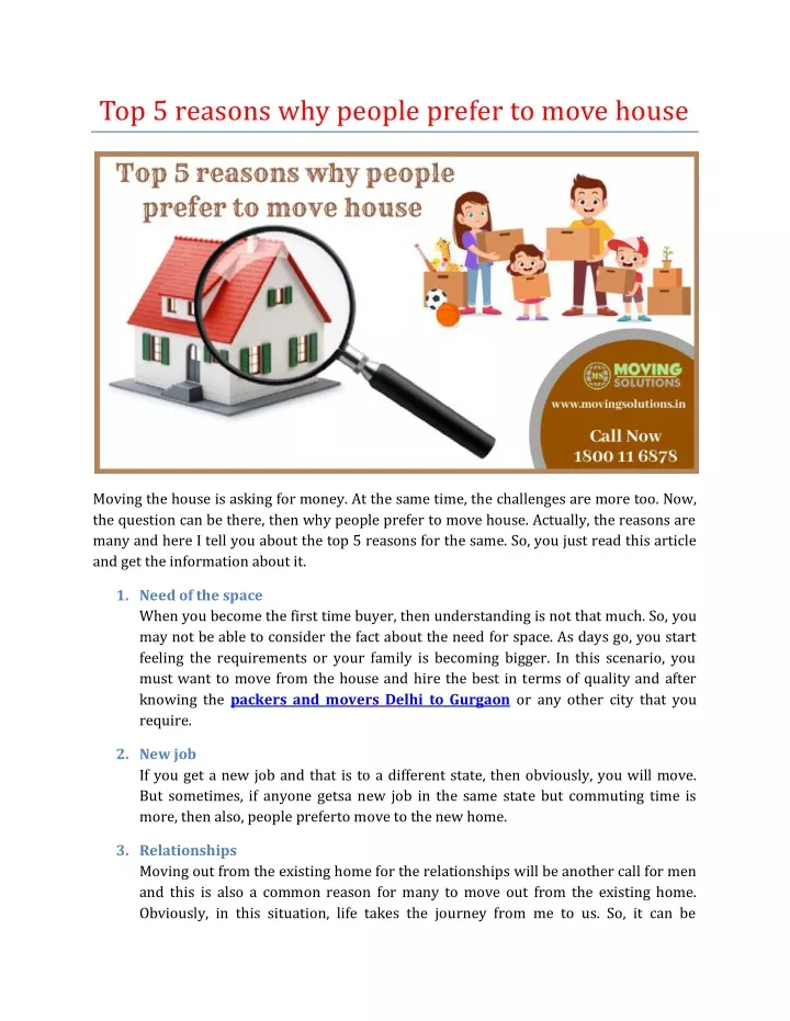 top 5 reasons why people prefer to move house