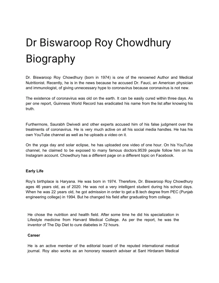 dr biswaroop roy chowdhury biography