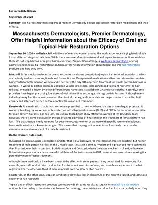 Massachusetts Dermatologists, Premier Dermatology, Offer Helpful Information about the Efficacy of Oral and Topical Hair