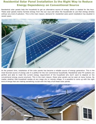 Residential Solar Panel Installation Is the Right Way to Reduce Energy Dependency on Conventional Source