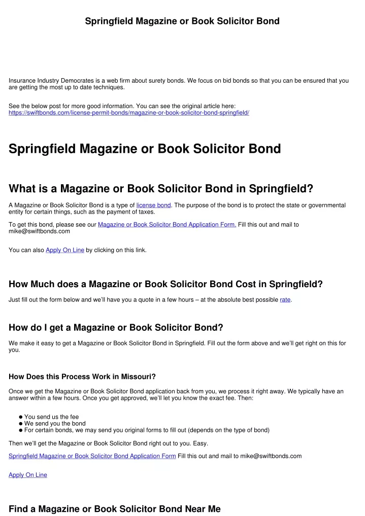 springfield magazine or book solicitor bond