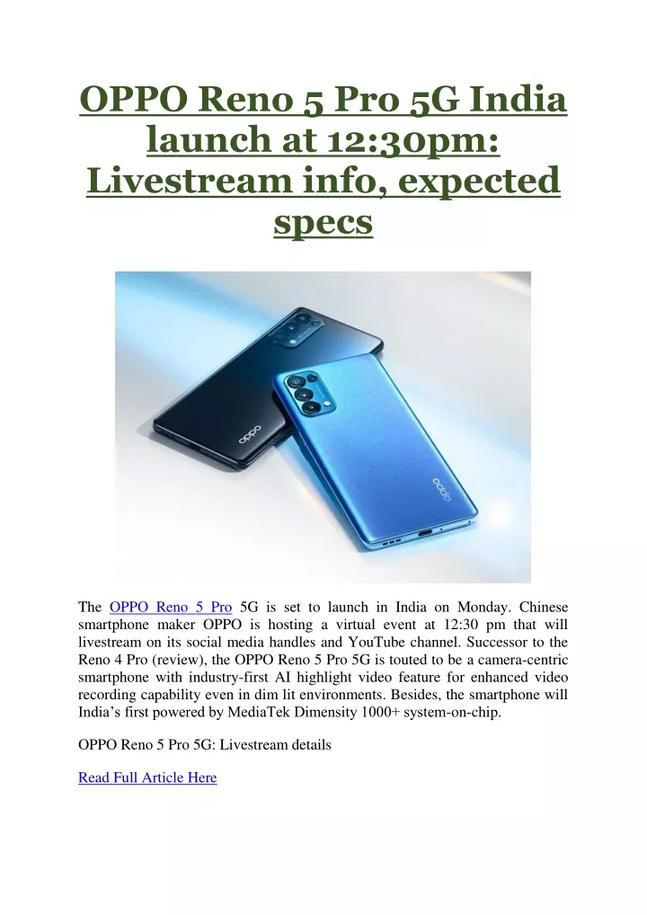 oppo reno 5 pro 5g india launch at 12 30pm
