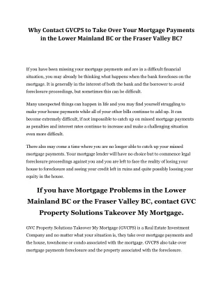 Why Contact GVCPS to Take Over Your Mortgage Payments in the Lower Mainland BC or the Fraser Valley BC?