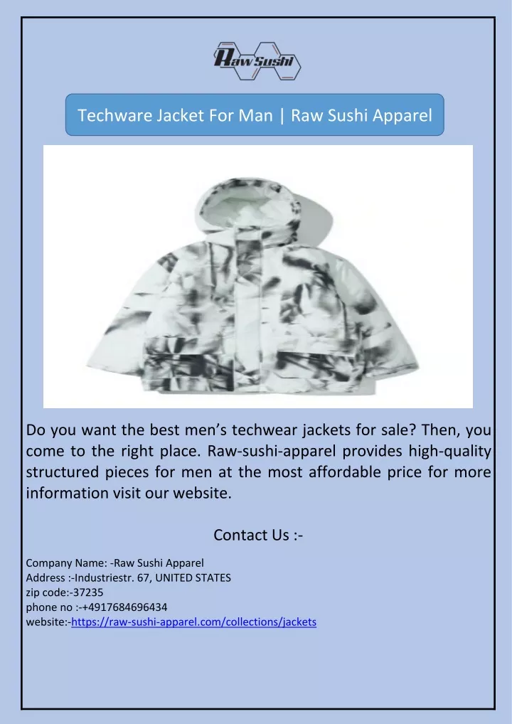 techware jacket for man raw sushi apparel
