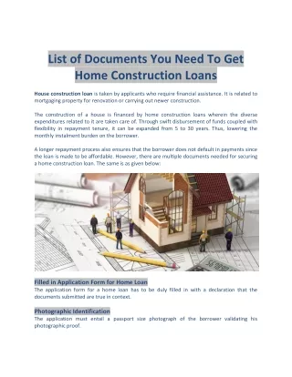 List of Documents You Need To Get Home Construction Loans