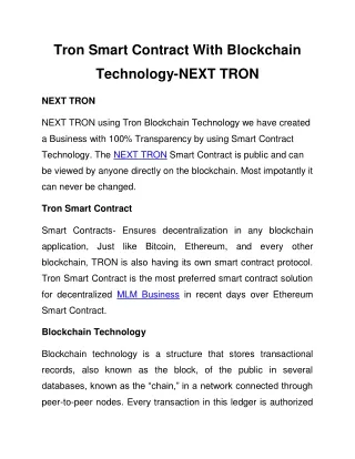 Tron Smart Contract With Blockchain Technology-NEXT TRON