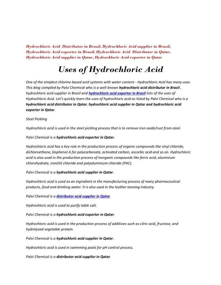 hydrochloric acid distributor in brazil