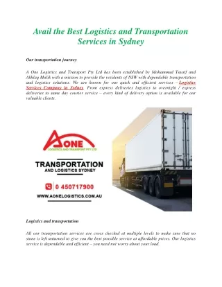 Avail the Best Logistics and Transportation Services in Sydney