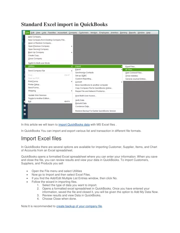 standard excel import in quickbooks