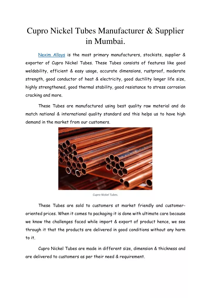 cupro nickel tubes manufacturer supplier in mumbai