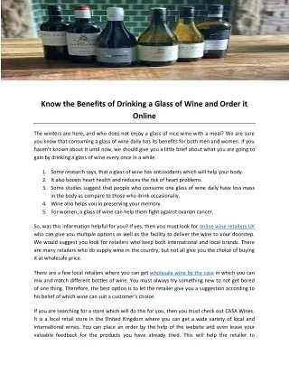 Know the Benefits of Drinking a Glass of Wine and Order it Online