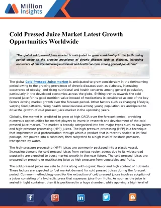 Cold pressed juice market opportunities worldwide
