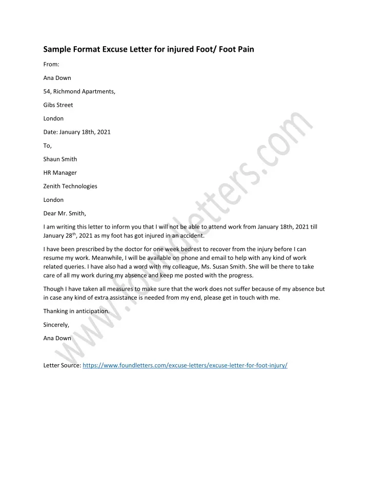 sample format excuse letter for injured foot foot