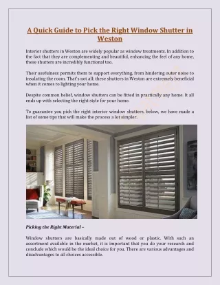A Quick Guide to Pick the Right Window Shutter in Weston
