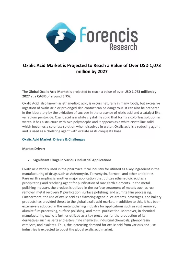 oxalic acid market is projected to reach a value