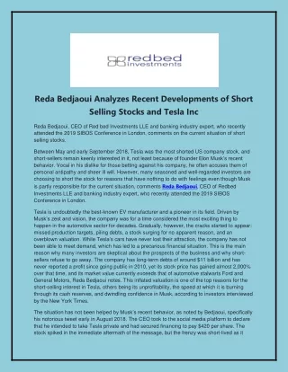 Reda Bedjaoui Analyzes Recent Developments of Short Selling Stocks and Tesla Inc