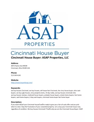 Cincinnati House Buyer: ASAP Properties, LLC