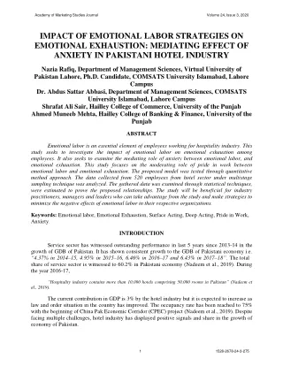 IMPACT OF EMOTIONAL LABOR STRATEGIES ON EMOTIONAL EXHAUSTION: MEDIATING EFFECT OF ANXIETY IN PAKISTANI HOTEL INDUSTRY