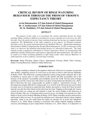 CRITICAL REVIEW OF BINGE WATCHING BEHAVIOUR THROUGH THE PRISM OF VROOM’S EXPECTANCY THEORY