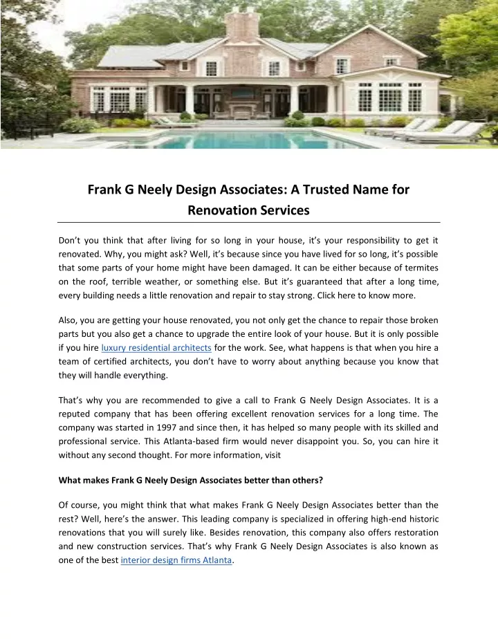 frank g neely design associates a trusted name