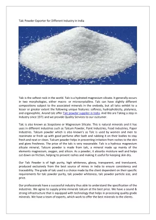 Talc Powder Exporter For Different Industry In India