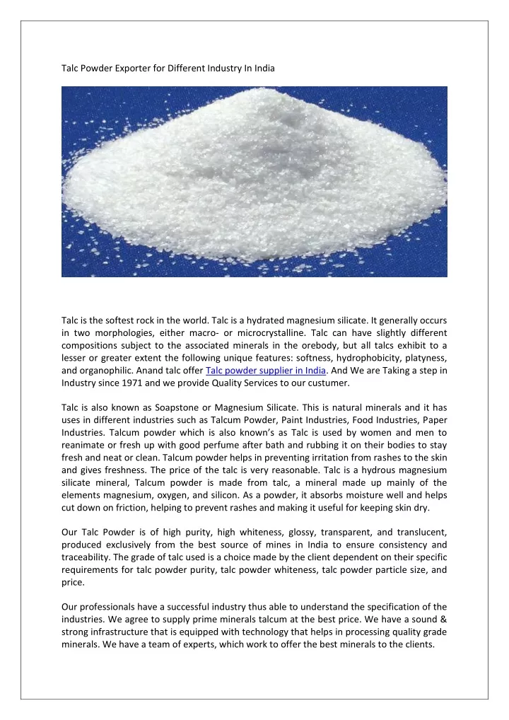 talc powder exporter for different industry