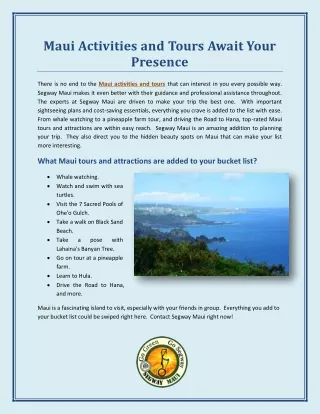 Maui Activities and Tours Await Your Presence